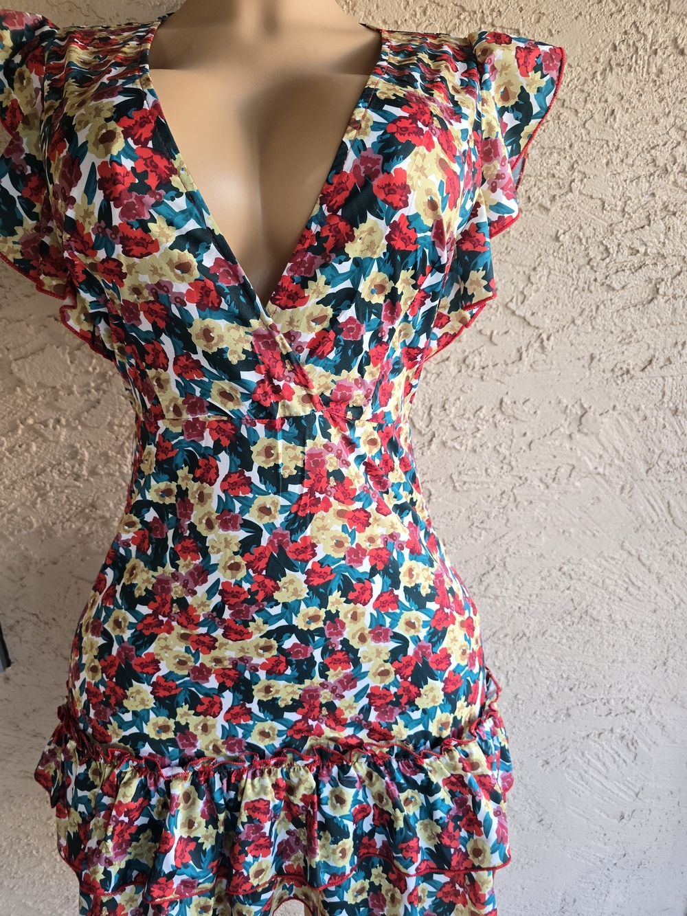 Deep V Floral Ruffle Mini Dress - Multi-Color - Picture 3 of 11